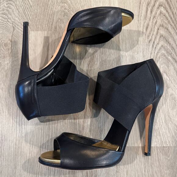 Diane von Furstenberg Black Matte Leather and Thick Elastic Strap Heels Size 8.5 - Picture 2 of 8